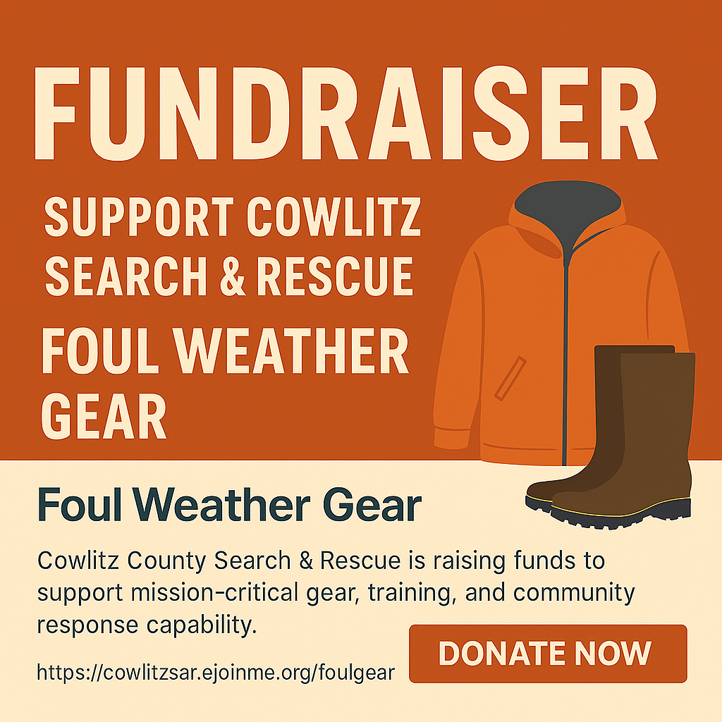 Banner for Cowlitz County Search & Rescue's Foul Weather Gear Fundraiser featuring SAR orange background and gear silhouette
